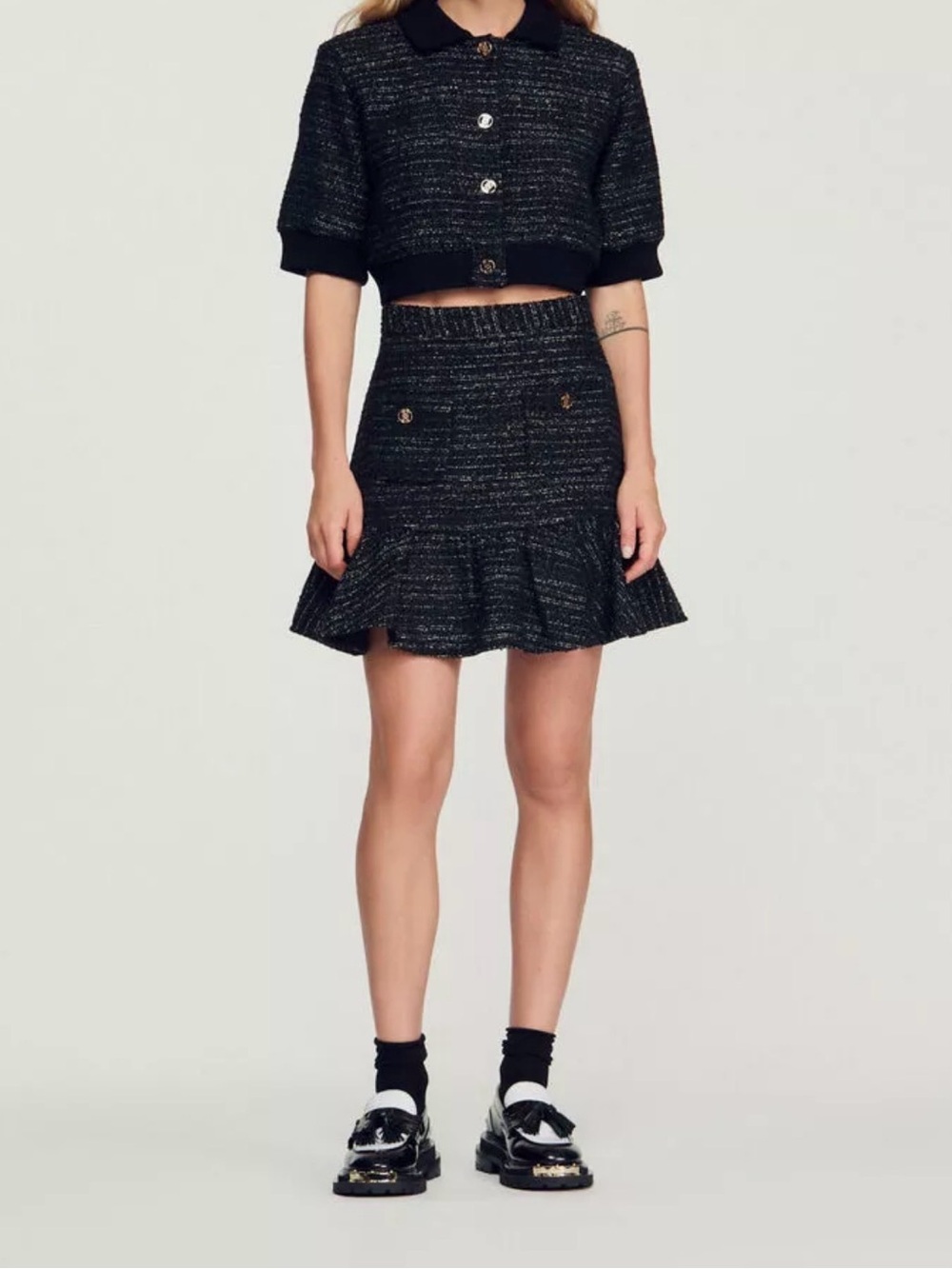 Sandro Black Tweed Two-Piece Set with Gold Buttons